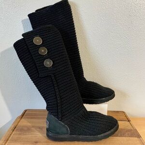UGG Black Knit Wool Tall Button Boots Shearling Lined Cold Weather Insulate Sz 8